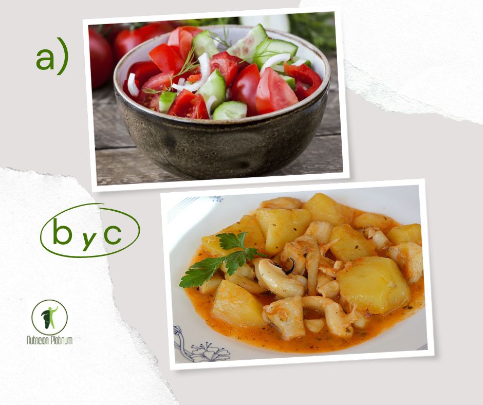 Ensalada de pepino y tomate con sepia guisada con patatas.